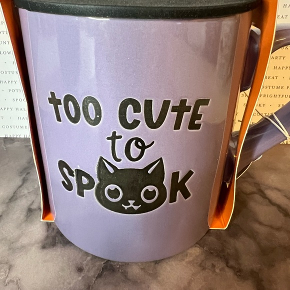 Halloween Purple Too Cute To Spook Black Kitty Cat Mug with Black Ears Lid - Picture 2 of 5